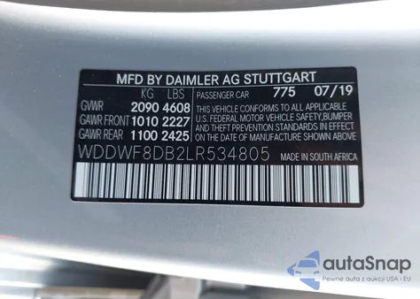 2020 Mercedes-Benz C 300 z USA, uszkodzony, nr VIN WDDWF8DB2LR534805